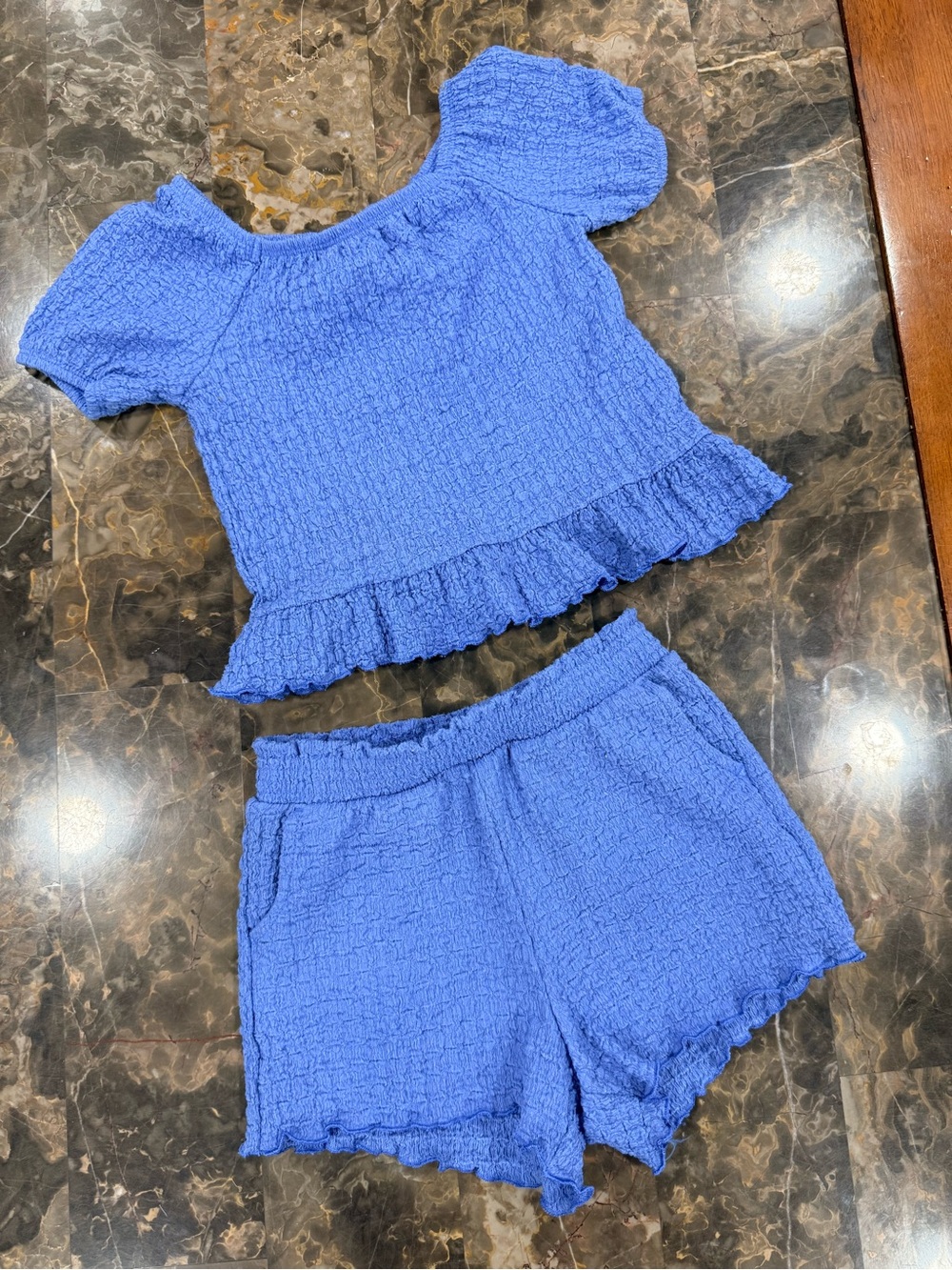 Girls Blue Textured Two-Piece Shorts Set